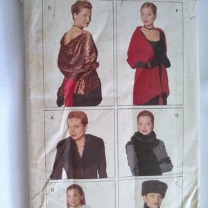 May include: A sewing pattern for a variety of women's tops and jackets. The pattern includes a shawl, a jacket with a fur collar, a jacket with a fur trim, and a jacket with a scarf. The pattern is from Butterick and the pattern number is 5862.