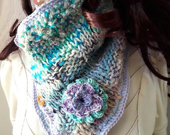 Cross-front Neck Warmer, hand knit "WHITE WATER" lt blue green peach yellow, soft and warm mostly acrylic 3 wooden buttons  crochet flowers