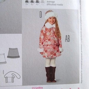 May include: A child's outfit pattern featuring a pink floral jacket and skirt with white fur trim, a matching hat, and brown boots. The pattern includes sizes 3-7. The text on the pattern reads "mittel, moins facile, average, dificultad media."