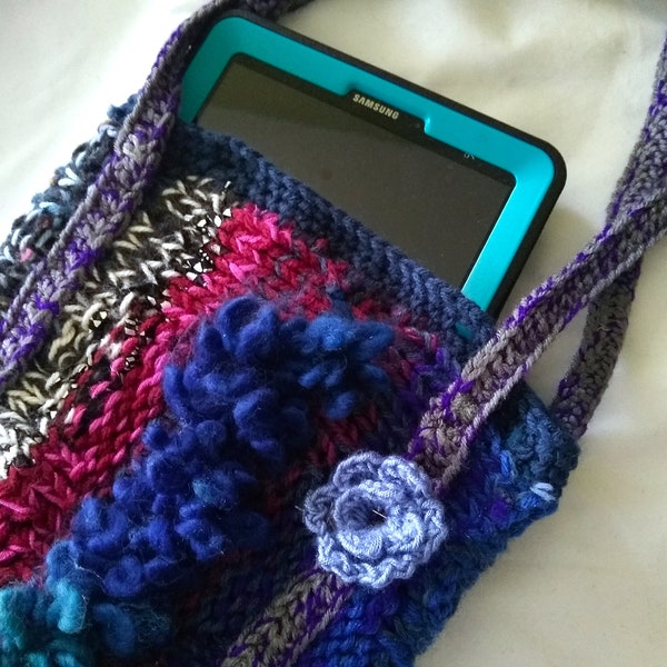 Knit and Crochet Tablet Bag, LOOPY acrylic yarn blue/ teal/ black/ purple/ red, 2 plastic buttons, has shoulder straps. soft