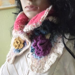 Victorian style Neck Warmer GYPSY ROUGE, crocheted flowers, coral, purple, ivory, blues, gold, green w coconut buttons, bubble stitch