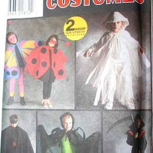 May include: Simplicity Costumes pattern featuring children's Halloween costumes. The costumes include a butterfly, ladybug, ghost, superhero, witch, and grim reaper. The pattern includes sizes small, medium, and large.