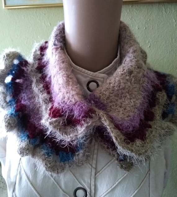 Super soft Neck Warmer/ Collar Victorian style, ROMANTIC SMOKE beige plum maroon ecru tea, crocheted 2 coconut shell buttons fuzzy soft warm