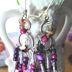 Silver chandelier circles wire wrap Earrings with silver and shades of purple glass tiny beads dangle on lever-back hooks #52