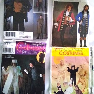 May include: Four vintage costume sewing pattern packets. The packets feature illustrations of various costumes, including historical and animal-themed outfits. The packets are from Simplicity, Butterick, and McCall's.