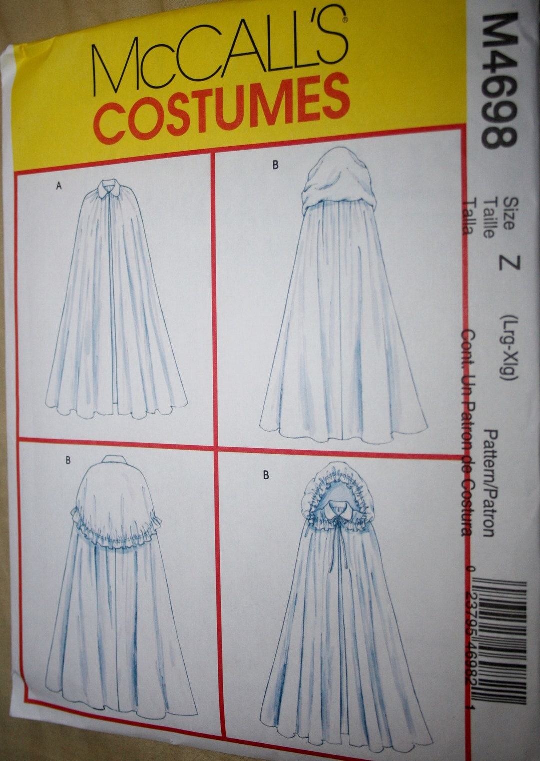 Cape Costume Pattern, Mccalls 4698, Sz XSM Sewing Pattern, Cape With Collar Opt Hood Etsy