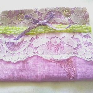 Lavender Linen tiny Purse, Credit card, cash, Crystal keepsake bag, lace, beaded trim, bow. snaps close. Hold your treasures.