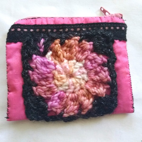 Taffeta Coin Purse, Credit card, cash, Crystal keepsake bag, pink and black. crochet granny square trim. Hold your treasures.