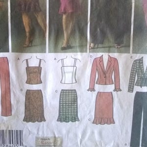 May include: A sewing pattern featuring various clothing designs, including a skirt, pants, a blazer, and a top. The pattern is designed by Karen.