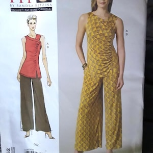 May include: A sewing pattern for a sleeveless top and wide-legged pants. The pattern is for sizes OSZ. The top has a diagonal neckline and a gathered detail at the waist. The pants have a wide leg and a geometric print. The pattern is from Vogue Patterns and is by Sandra Betzina.