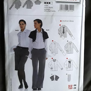 May include: A sewing pattern for a blouse with different sleeve and collar variations. The pattern is for sizes 36 to 50 and 10 to 24. The pattern is labeled "Burda 8153" and includes instructions for sewing the blouse with seam and hem allowances.