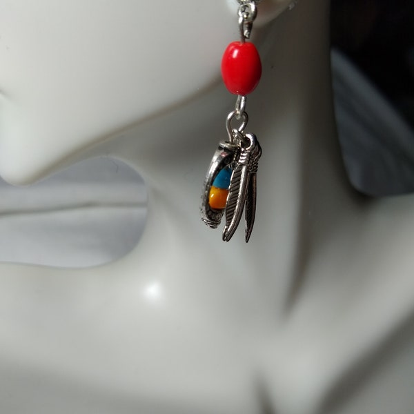 Red Turquoise Gold & Silver Earrings with feather charms dangle on silver-tone Native style posts glass beads #30