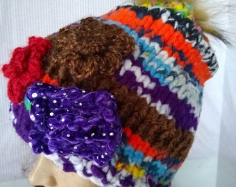 Chunky Knit Hat, Blue, Purple, Brown, Orange & multi color fleece yarn thick and warm, purple velvet crochet flowers faux fur pompom