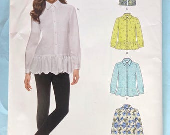 Button front Tops New Look #6304 sz 10-22 collar long or short sleeve flounce