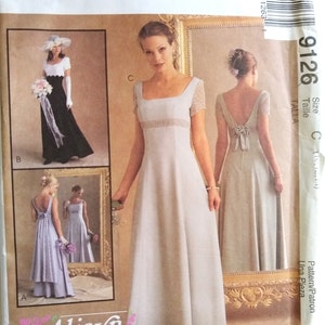 McCalls #9126 Bridal or Bridesmaid Dress Pattern sz 8-12 or 10-14, Empire bodice, princess seams, deep V back, flared skirt