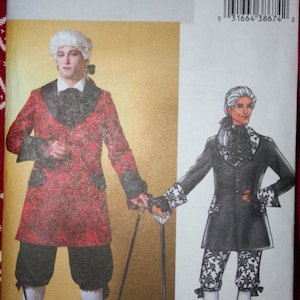 May include: A sewing pattern for a men's costume, featuring a red and black patterned jacket, black pants, and white stockings. The pattern is from Butterick and is size 34-36-38-40. The pattern number is B4317.