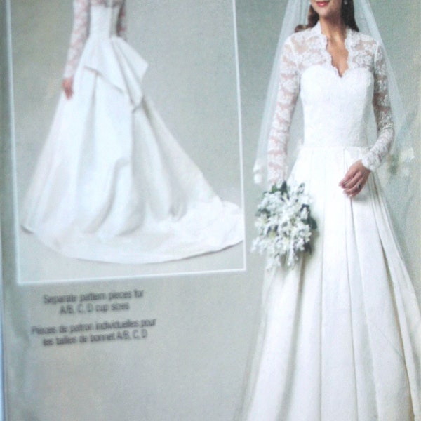 Butterick #5731 Bridal Wedding Dress, sz 6-14, wedding gown pleated skirt, bustle, train,  button & loop, separate A B C D cup sizes