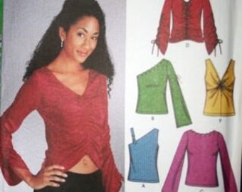 Tops pattern Simplicity #5255 sz 12-20 one shoulder cold shoulder gather front deep V neck bell sleeves