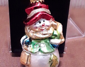 Vintage Snowman Glass Ornament with acrylic box 3.5 inches