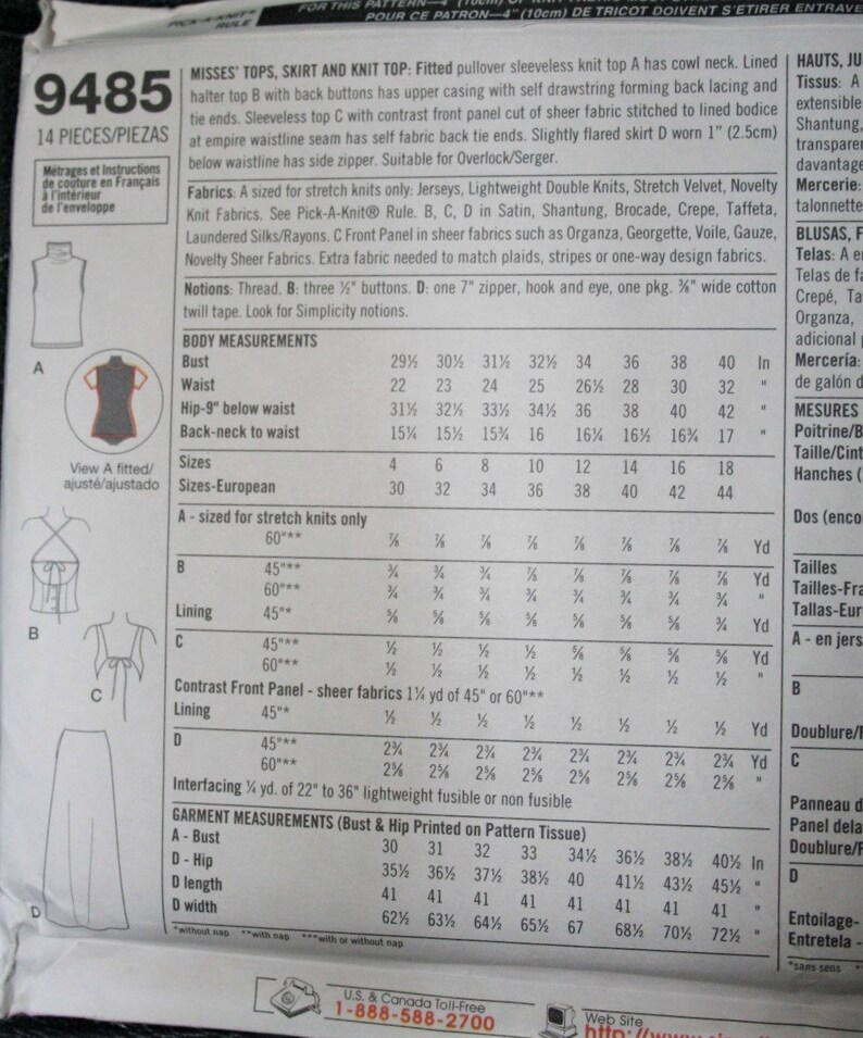 Vintage Fancy Tops Skirt Sz 410 9485 Simplicity Designer Sewing