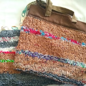 Market Shopping Tote Bag upcycled made of plastic grocery bags knitted over shoulder Ecological satchel  green brown or ivory garden fabrics