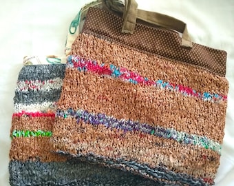 Market Shopping Tote Bag upcycled made of plastic grocery bags knitted over shoulder Ecological satchel  green brown or ivory garden fabrics