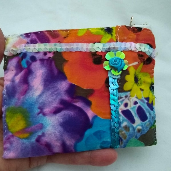 Coin Purse zipper polyester peach-skin Faille, Credit card, cash, Crystal keepsake bag, bright colors floral butterfly. sequin trim.