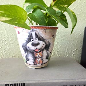 May include: A decorative plant pot featuring a cartoon dog and cat design. The pot is filled with green leafy plants. The pot is sitting on top of a book.