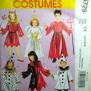 May include: A McCall's Costumes sewing pattern featuring illustrations of children in various Halloween costumes. The costumes include a devil, an angel, and a jester. The pattern is labeled M5729 and includes size CX (Xsm-Sml).