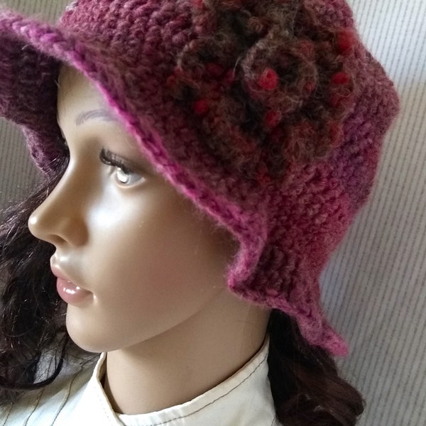 Cranberry Brown heather Crochet Hat, simple cloche hat, warm, acrylic flared edge large novelty wool flower