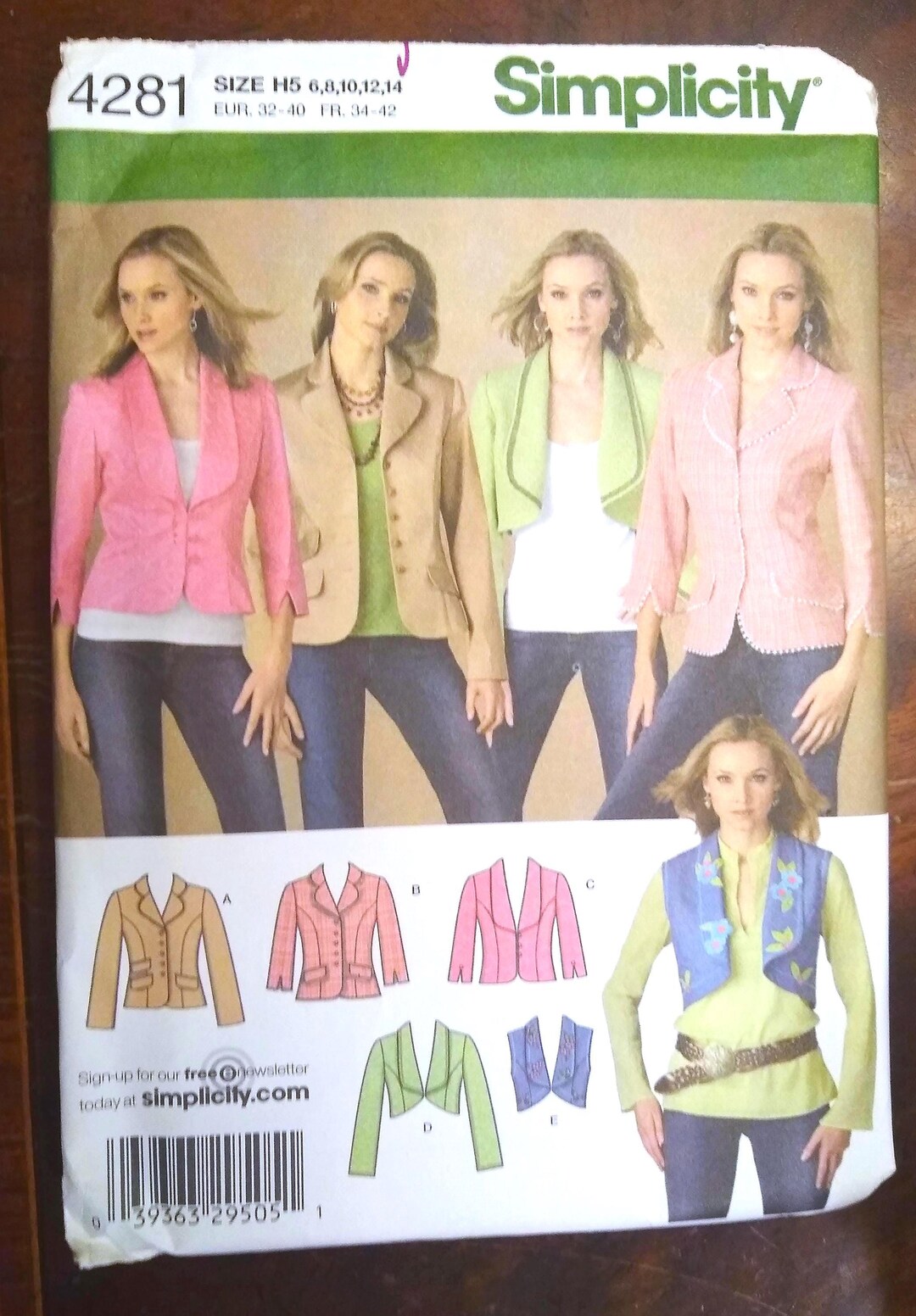 Simplicity R10711 Jacket Blazer #4281 Simplicity Sz 6-14 Cropped or Hip Length Collar ...