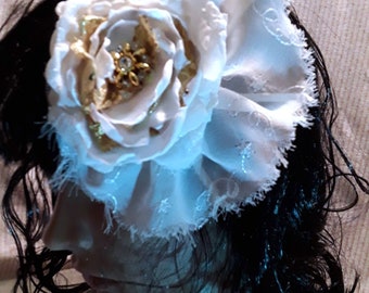 Large Floral Hair clip, White and Gold hair accessory, fashion flower decoration with rhinestone button