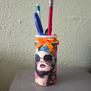 Small Pop Art 70s style Vase 4.5 in high x 1.5 inch diameter opening blue green orange tan colors brush/ pencil holder handmade decoupaged