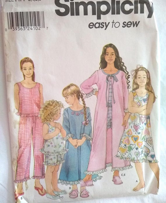 Kids Pajama Nightgown pattern #9292 Simplicity sz 3-6 or 7-14 girl Pajamas Nightgown and Robe EASY sewing pattern little girls uncut