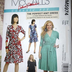 Perfect Knit Dress McCalls 5974 sz 8-16 sewing Pattern dress with midriff tie front V/ scoop neck short/ long sleeve Palmer/ Pletsch