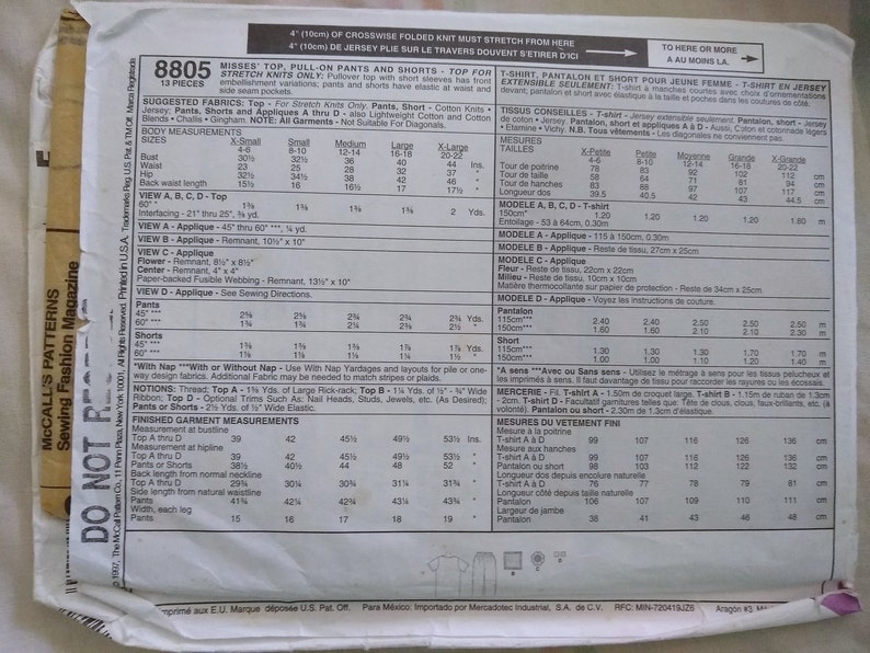 Vintage 8805 Mccalls Pattern, Sz 46, Big Tshirt Top Straight Pullon