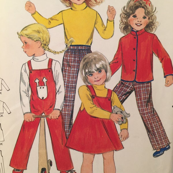 1970s Children's Jacket, Butterick 3370, Sewing Pattern, Jumper, Overalls, Top, Pants, Front Button Jacket, Turtleneck Top, Strap Overalls