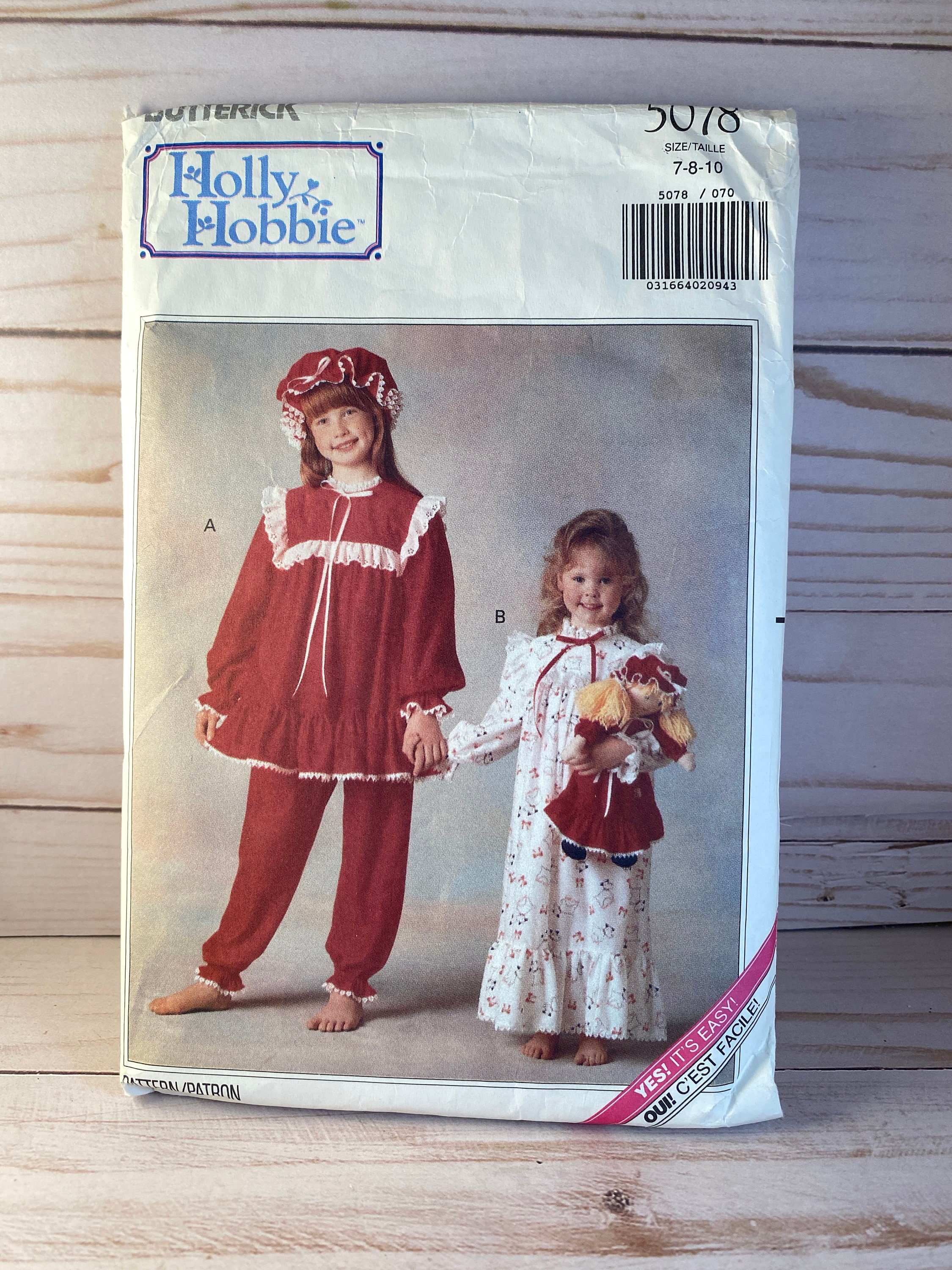 Holly Hobbie Pajama Sewing Pattern: Butterick 5078, Girls' Nightgown & Doll Outfit