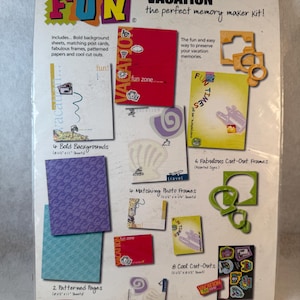 May include: A Scrapbook Fun Vacation memory maker kit in plastic packaging. The kit includes 4 bold background sheets measuring 8.5 inches by 11 inches, 6 cut-out frames, 4 matching photo frames measuring 5.5 inches by 4 inches, and 8 cut-outs.