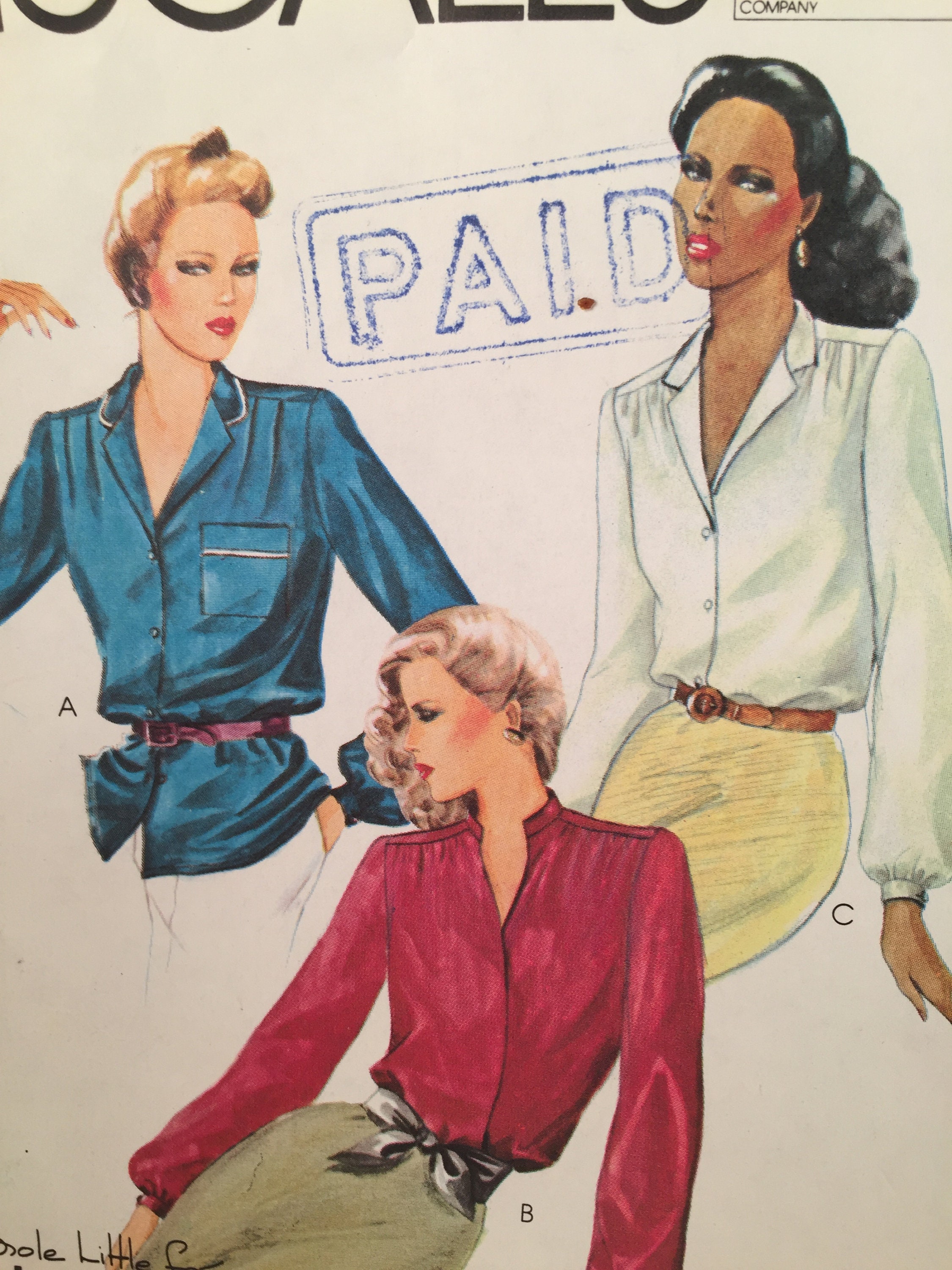 70s Misses Blouses, Mccall's 6727, Sewing Pattern, Buttoned Blouse
