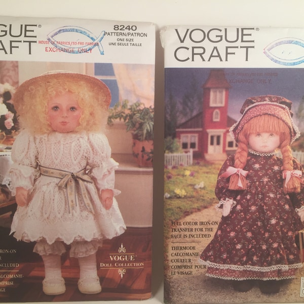 1990s 18 inch Stuffed Doll, Vogue 8336 8240 Craft Sewing Pattern, Victorian Doll, Early American Doll, Doll Dress, Doll Bloomers,Doll Bonnet