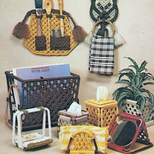 May include: A collection of 23 macrame projects for the home, including a wall hanging with an owl design, a tissue box cover, a magazine rack, a mirror, and a set of napkin rings.  The projects are made with brown and yellow cord.