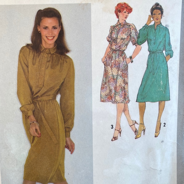 70s Misses Pullover Dress, Simplicity 9282, Sewing Pattern, Long Sleeved, Elasticized Waistline, Bodice Gathered, Side Pockets, Collar