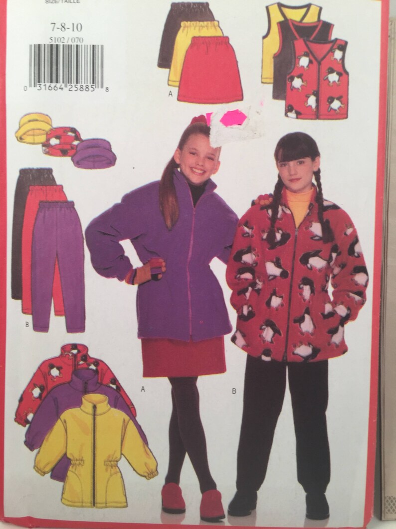 Winter Fleece Hats Vest Butterick 5102 Zipper Vest 1990s Girls Fleece Jacket Sewing Pattern Below Hip Jacket Pants A Line Skirt