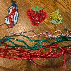 May include: A collection of decorative embellishments, including a sequined butterfly, strawberry, and flower. Strands of red, green, and pink sequined trim are also present. These items are likely used for crafting or adding decorative elements to clothing or accessories.