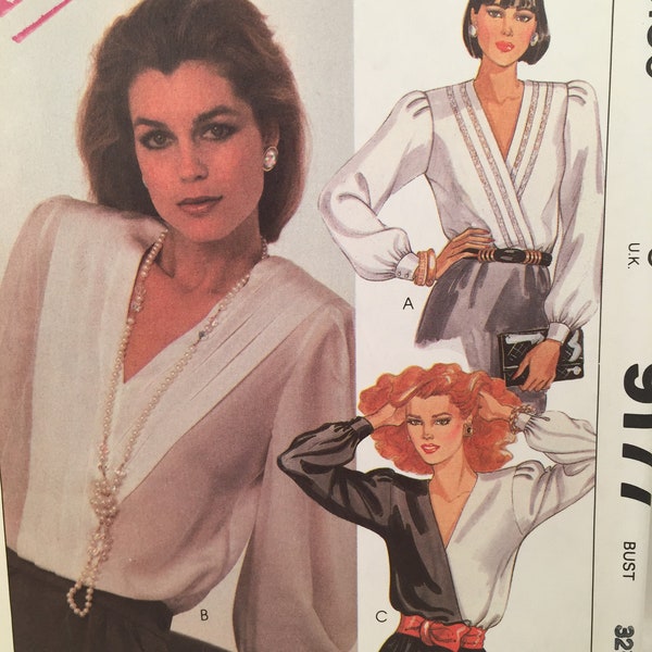 80s Misses Blouse, McCall's 9177, Sewing Pattern, Mock Wrap, Pullover Blouse, V Neckline, Long Sleeves, Buttoned Cuffs, Eyelet Trim Blouse
