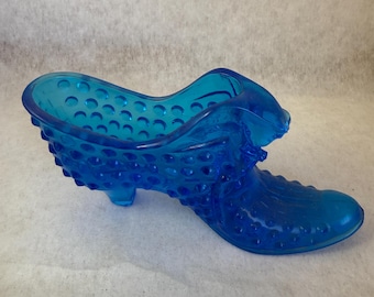 Fenton Art Glass Blue Hobnail Cat Head Slipper Shoe