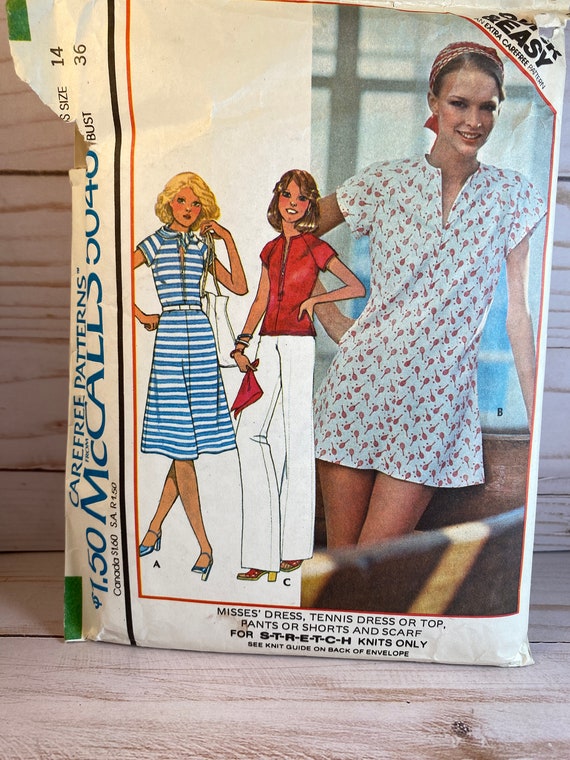 70s Dress, Tennis Dress, Top, Mccall's 5048, Sewing Pattern, Long Pants,  Shorts, Scarf, Stretch Knits Only, Carefree Pattern 