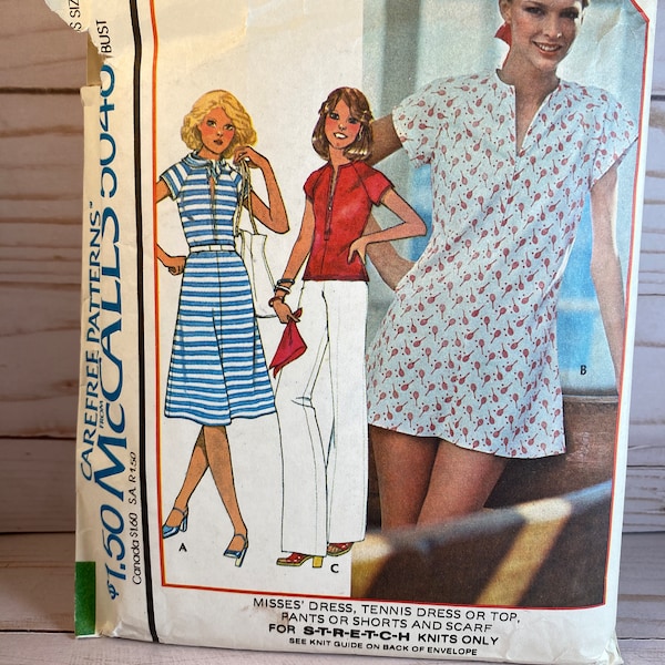 70s Dress, Tennis Dress, Top, McCall's 5048, Sewing Pattern, Long Pants, Shorts, Scarf, Stretch knits only, Carefree Pattern