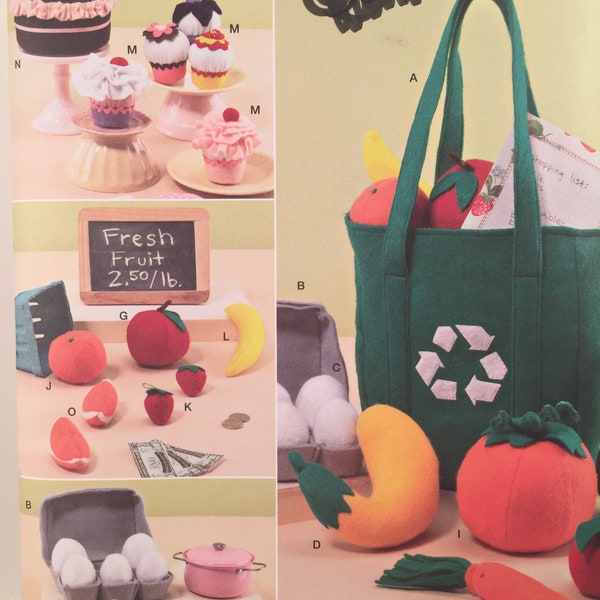 Felt Food, Simplicity 2445, Sewing Pattern, Playtime Food, Shopping Tote Bag, Egg Carton, Pretend Felt Cupcakes, Child DIY Felt Fruit Toys